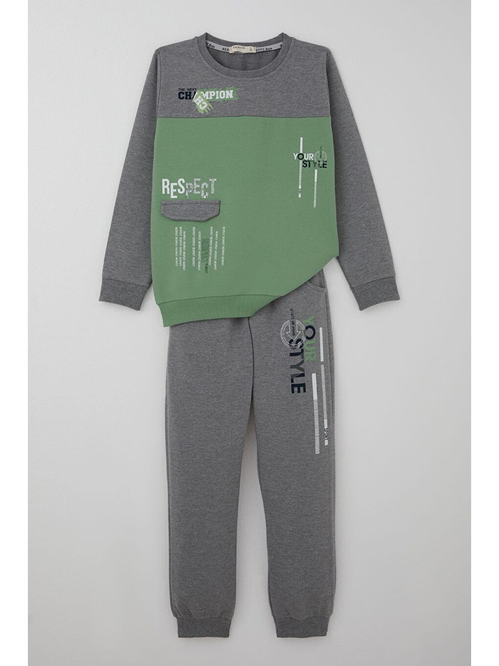 Erkek Çocuk Eşofman Takımı Cep Kapak Detaylı Yazı Baskılı Mint Yeşili (7-12 Yaş)