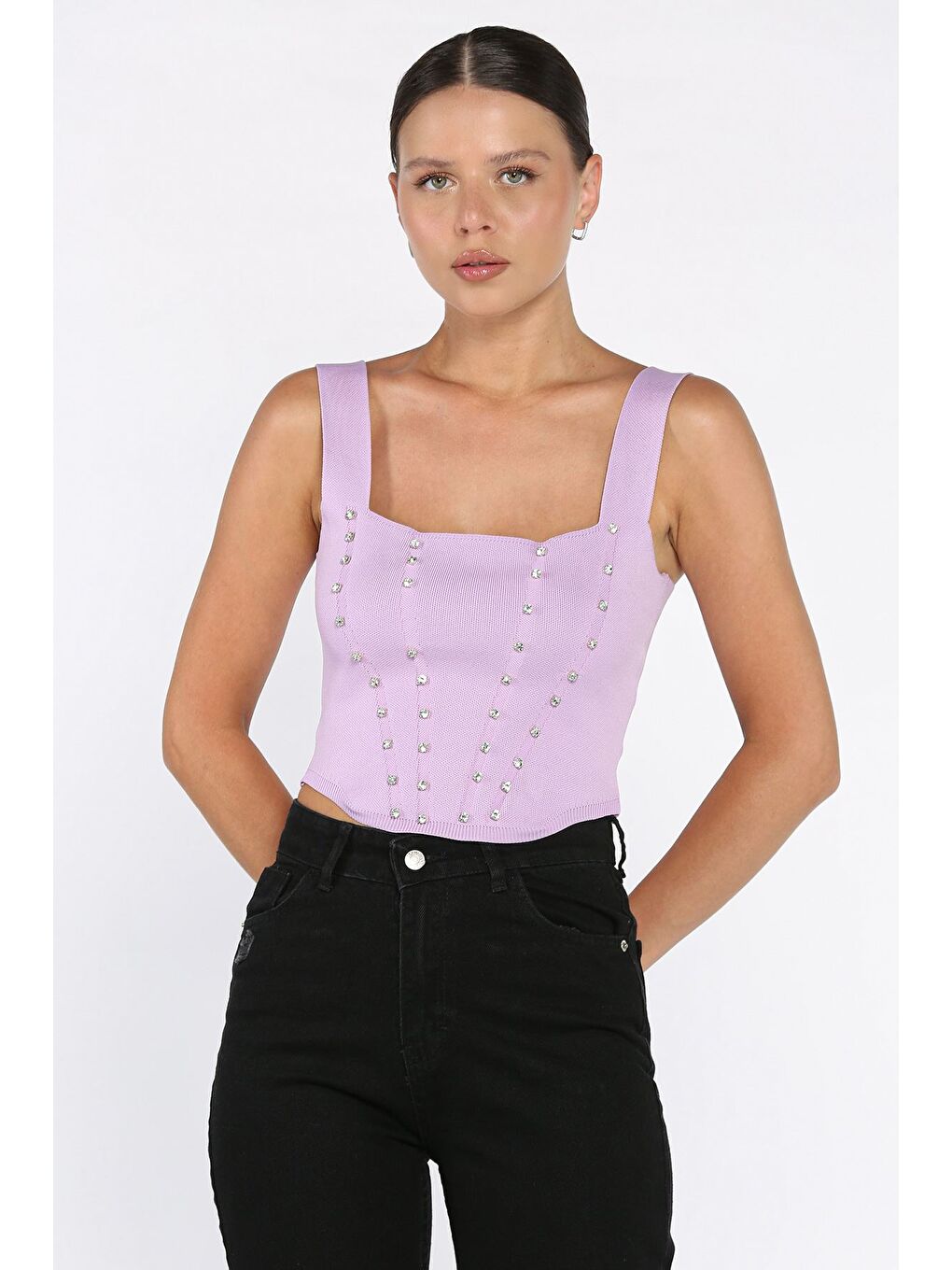 Lila Kadın Kare Yaka Mevsimlik Crop Triko Bluz-1