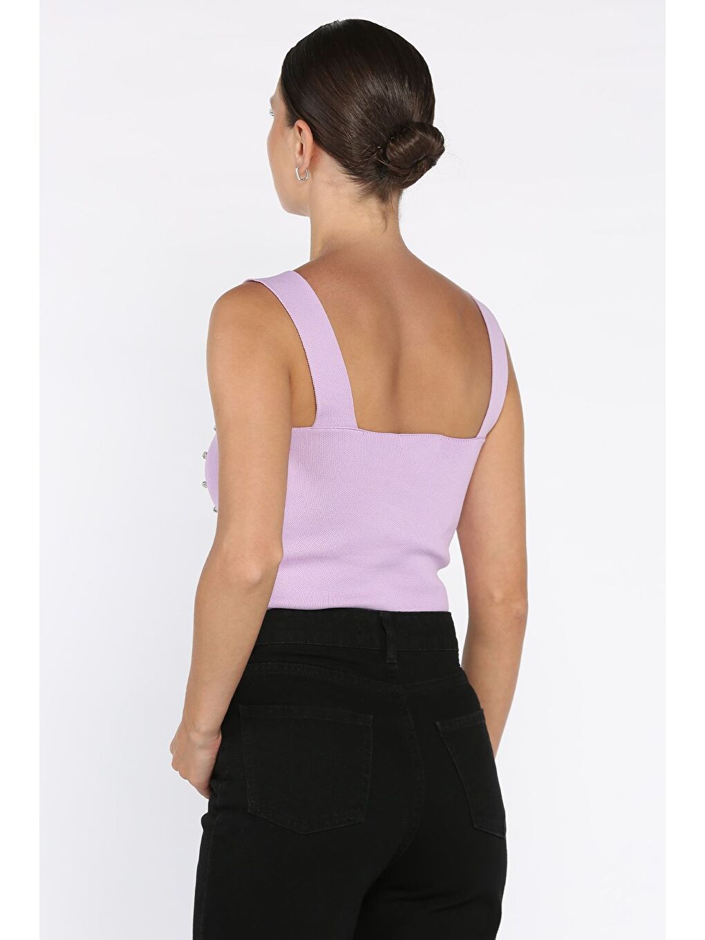 Lila Kadın Kare Yaka Mevsimlik Crop Triko Bluz-2