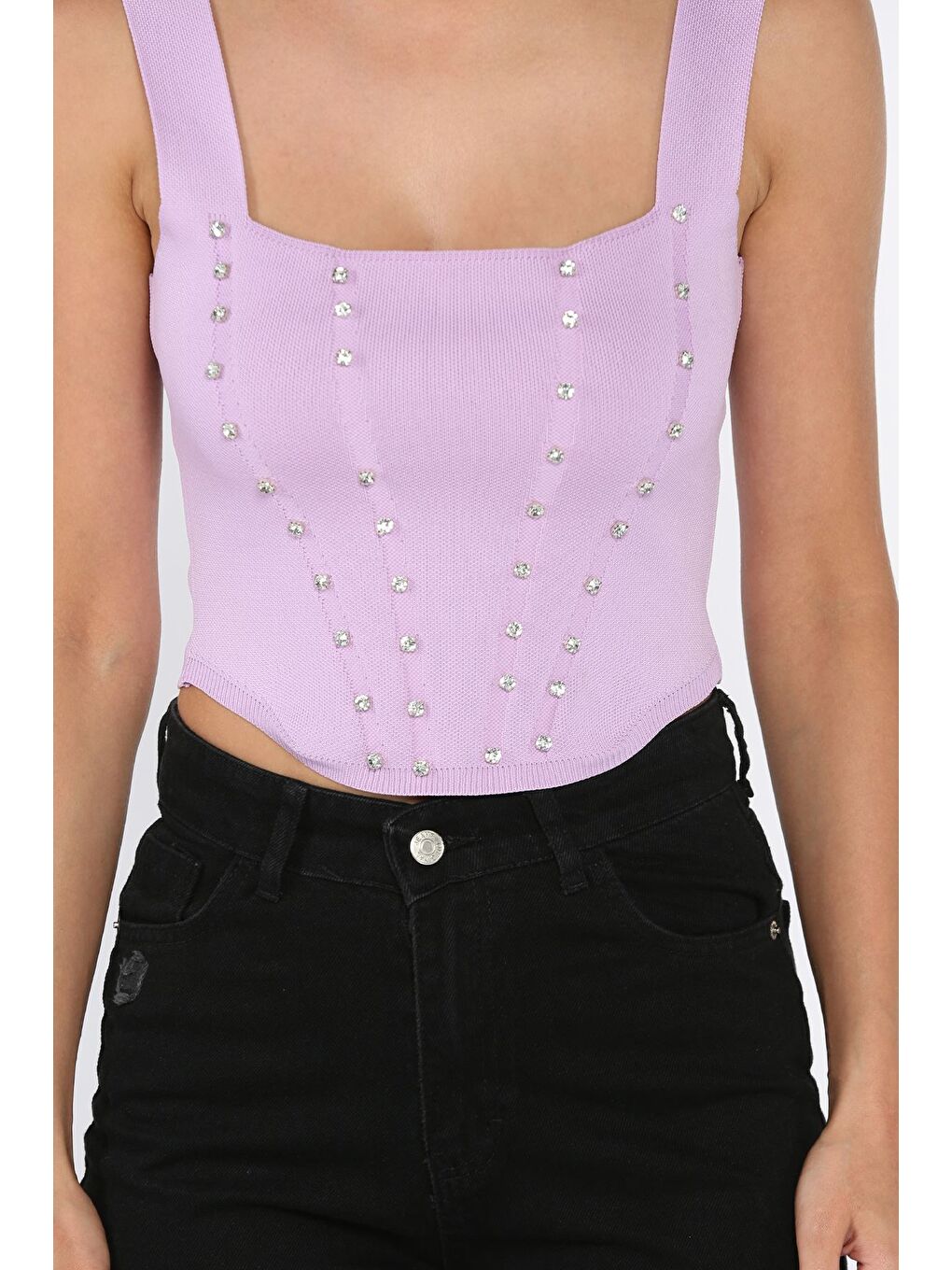 Lila Kadın Kare Yaka Mevsimlik Crop Triko Bluz-3