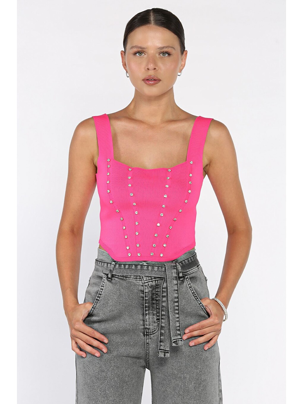 Pembe Kadın Kare Yaka Mevsimlik Crop Triko Bluz