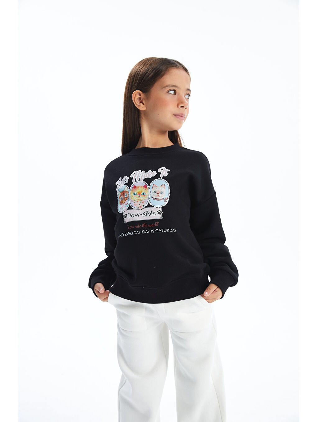 Dexia Siyah Caturday - Bisiklet Yaka Dijital Baskılı Sweatshirt - Siyah Renk - 1