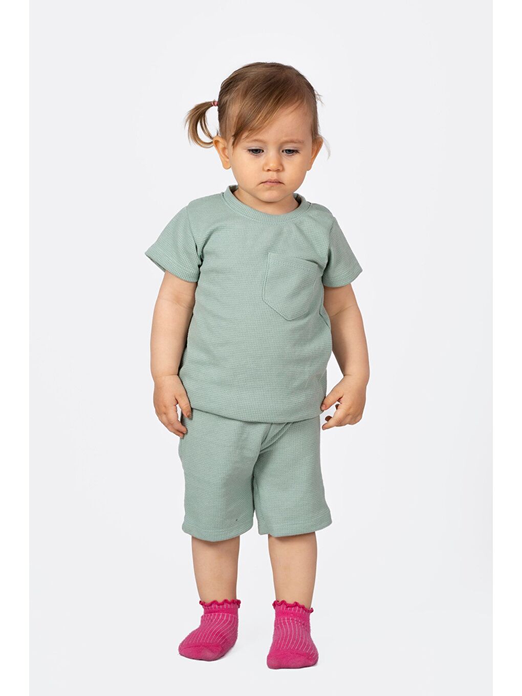 Yeşil Düz Renk Pamuk Waffle Kumaş Yazlık Cep Detaylı 2 li Takım-1