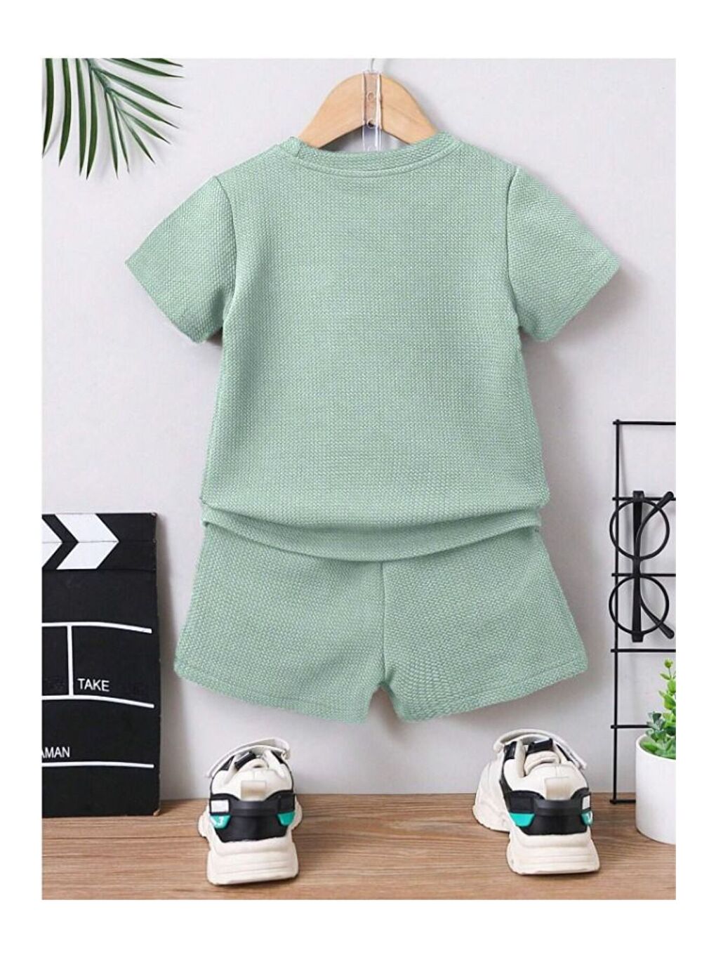 Yeşil Düz Renk Pamuk Waffle Kumaş Yazlık Cep Detaylı 2 li Takım-2