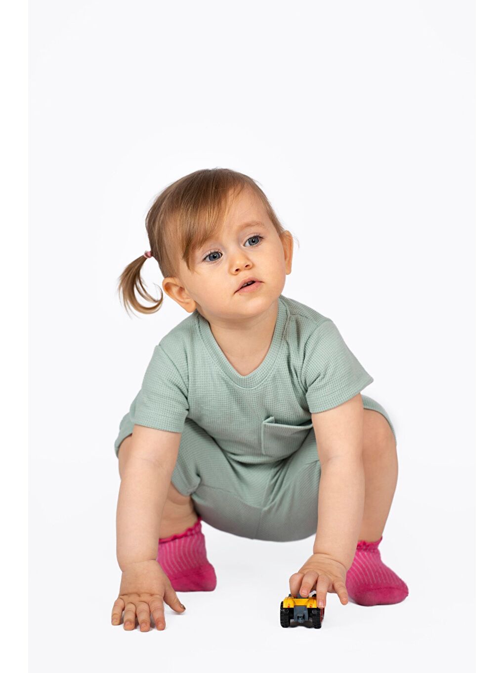 Yeşil Düz Renk Pamuk Waffle Kumaş Yazlık Cep Detaylı 2 li Takım-3