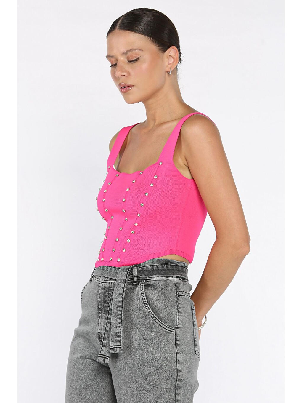 Pembe Kadın Kare Yaka Mevsimlik Crop Triko Bluz-1