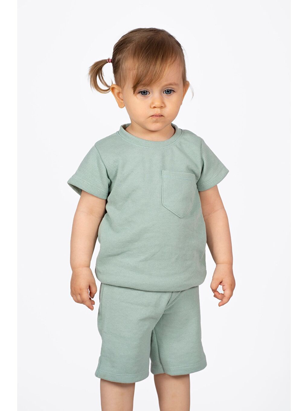 Yeşil Düz Renk Pamuk Waffle Kumaş Yazlık Cep Detaylı 2 li Takım-5