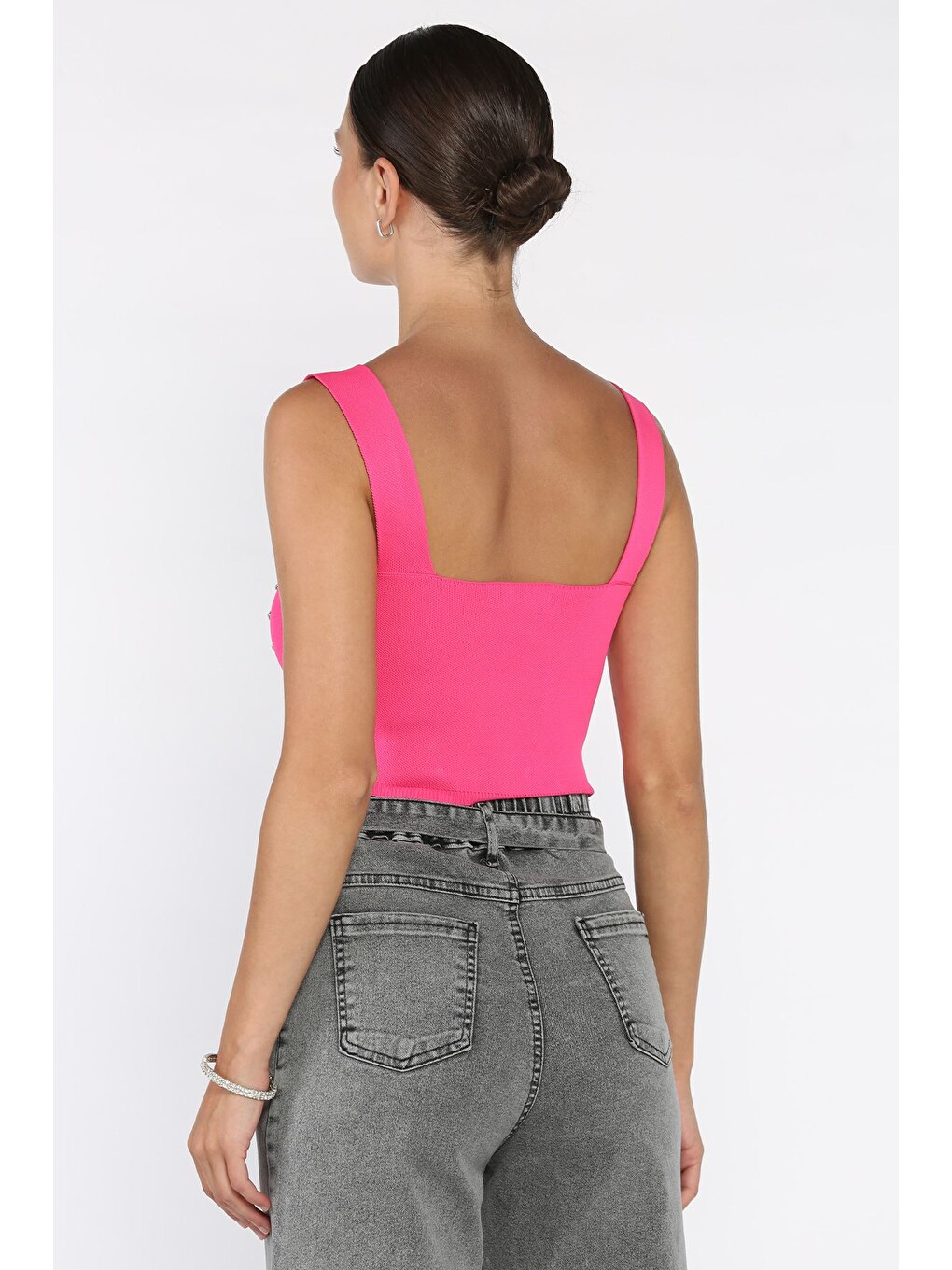 Pembe Kadın Kare Yaka Mevsimlik Crop Triko Bluz-2
