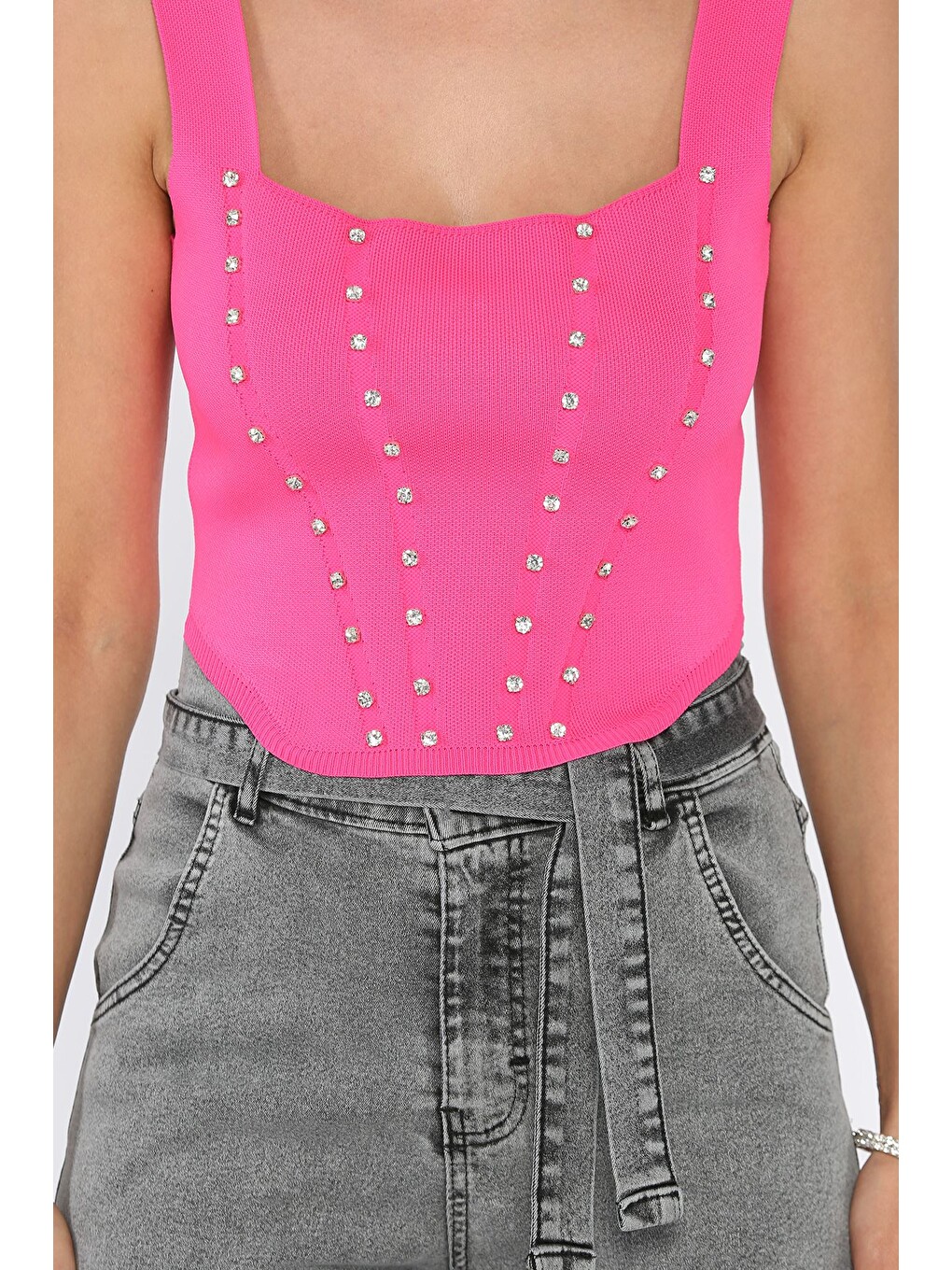 Pembe Kadın Kare Yaka Mevsimlik Crop Triko Bluz-3