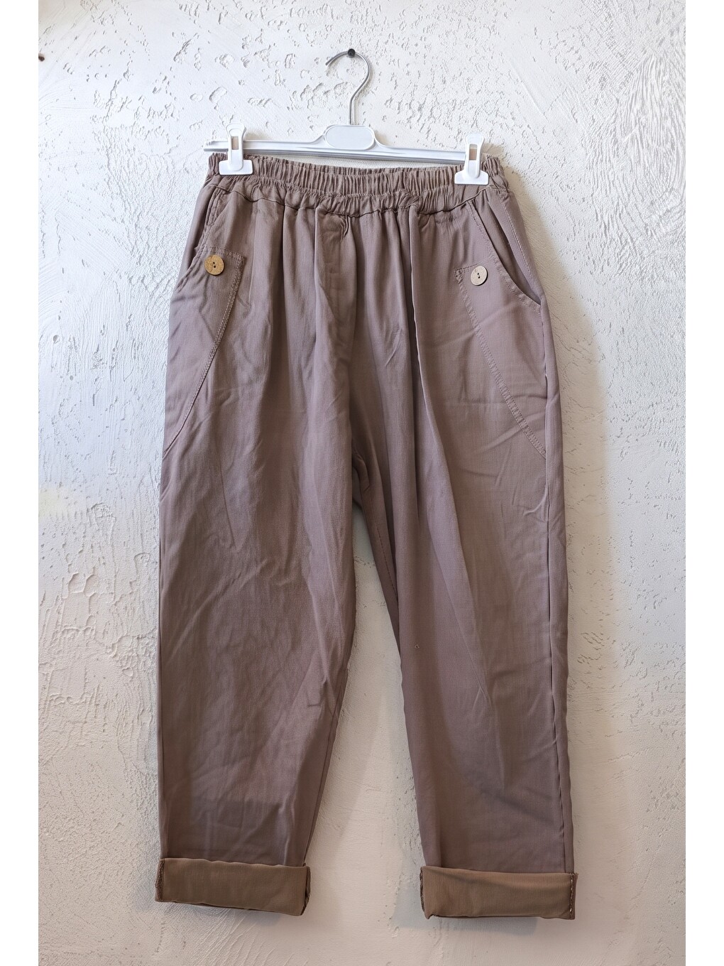 Bej İtalyan Vizon Cepli Orta Kalınlıkta Lastikli Bel Şalvar Paça Casual Gabardin Dokuma Pantolon 100 63-1