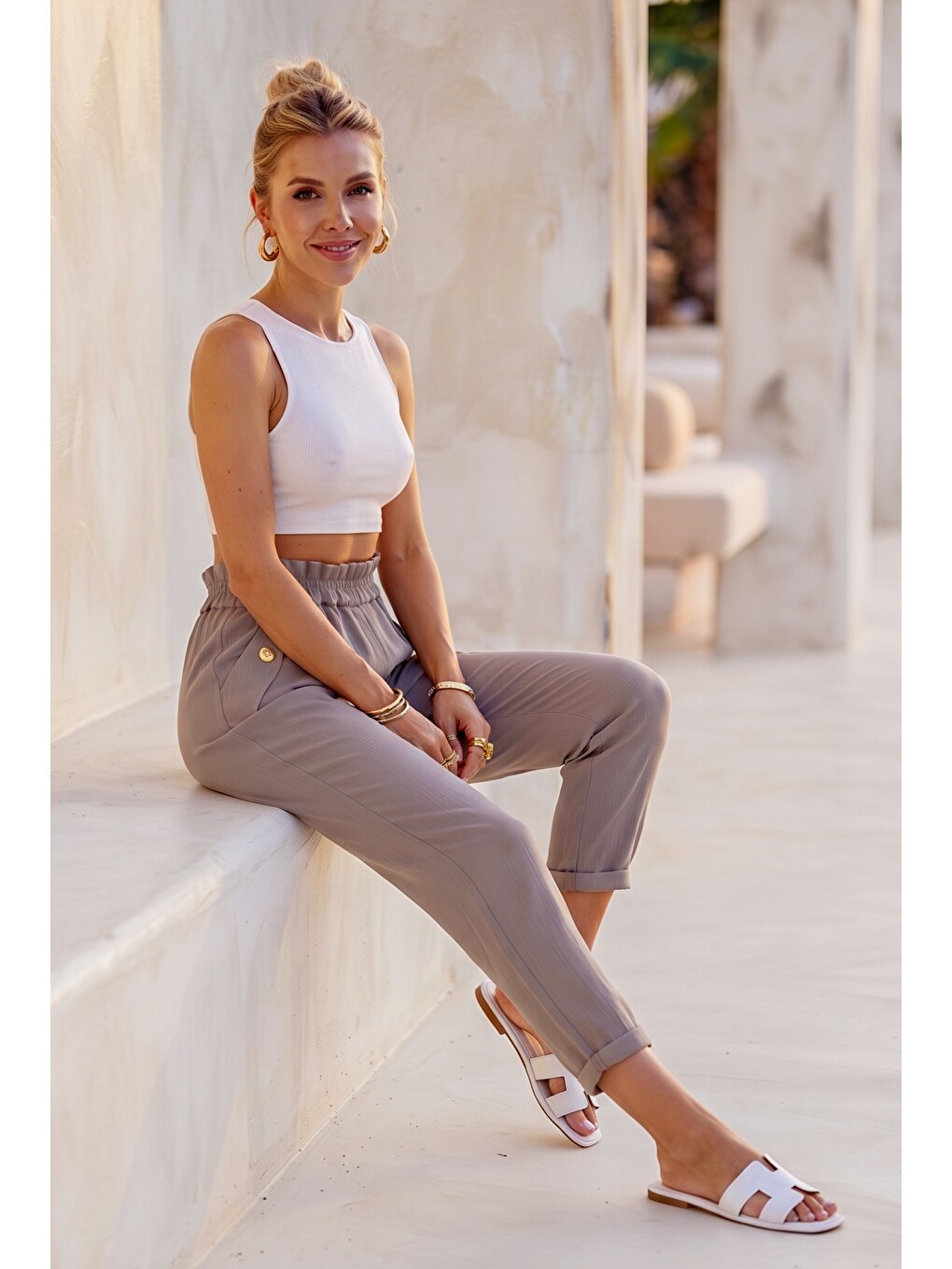 Bej İtalyan Vizon Cepli Orta Kalınlıkta Lastikli Bel Şalvar Paça Casual Gabardin Dokuma Pantolon 100 63-2