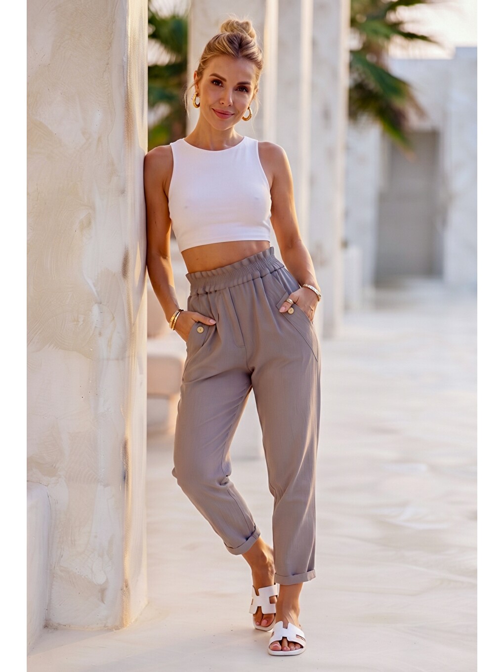 Bej İtalyan Vizon Cepli Orta Kalınlıkta Lastikli Bel Şalvar Paça Casual Gabardin Dokuma Pantolon 100 63-4
