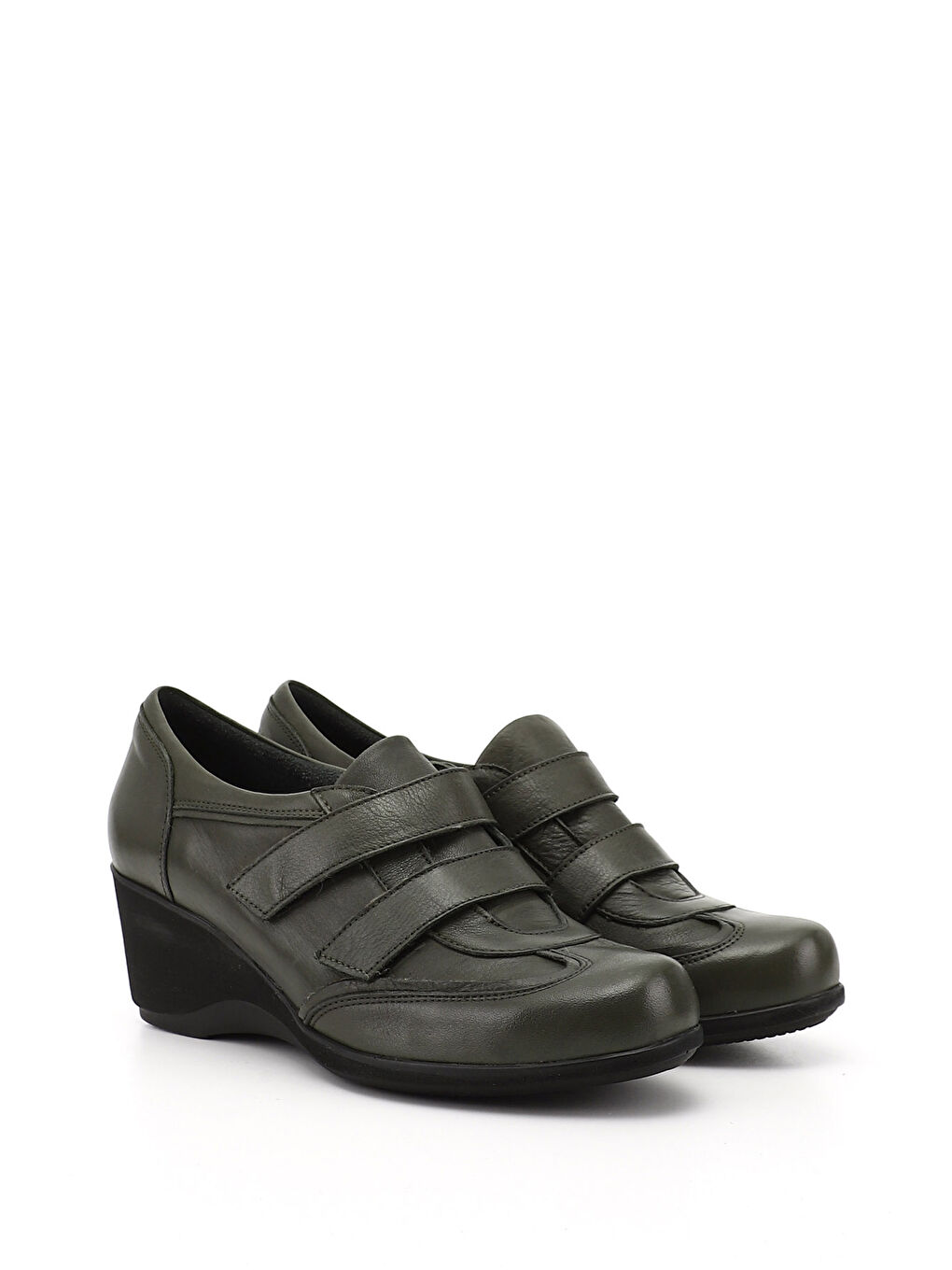 Kadın HAKİ-YEŞİL Dolgu Taban Cırtlı Hakiki Deri Ayakkabı-1