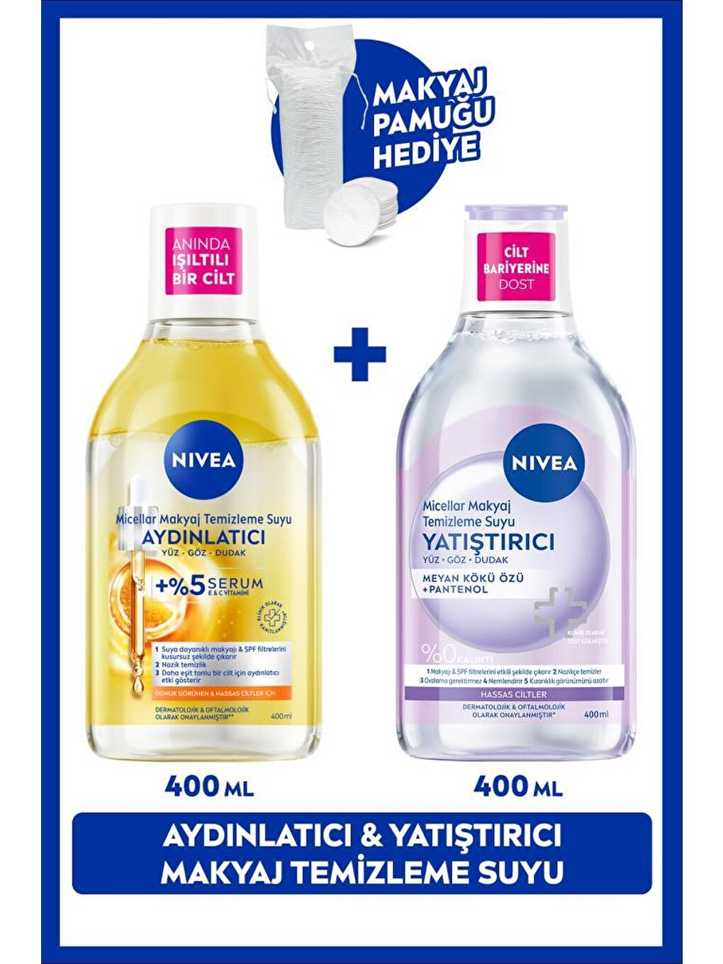 Aydınlatıcı Ve Yatıştırıcı Micellar Makyaj Temizleme Suyu Seti 400ml+400ml Pamuk Hediye,hassas Cilt