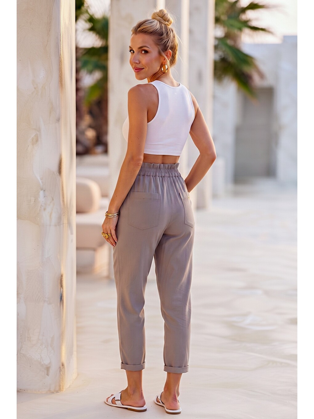 Bej İtalyan Vizon Cepli Orta Kalınlıkta Lastikli Bel Şalvar Paça Casual Gabardin Dokuma Pantolon 100 63-5