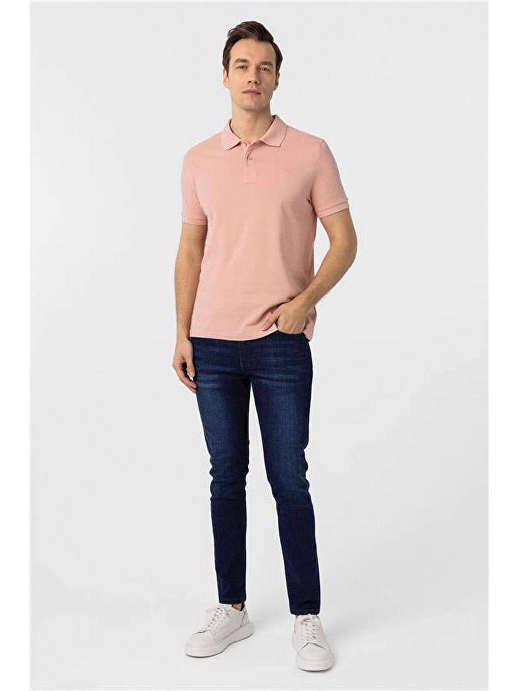 Pembe Gül Kurusu Slim Düz Polo Yaka Tişört-3
