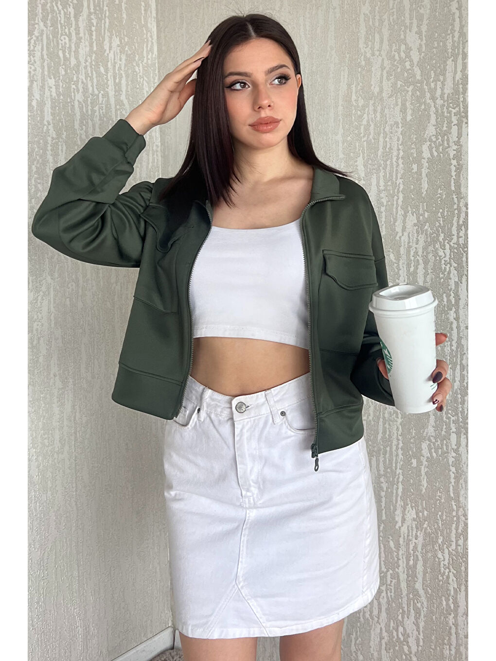 Haki Kadın Scuba Kumaş Fermuarlı Çift Cepli Hırka
