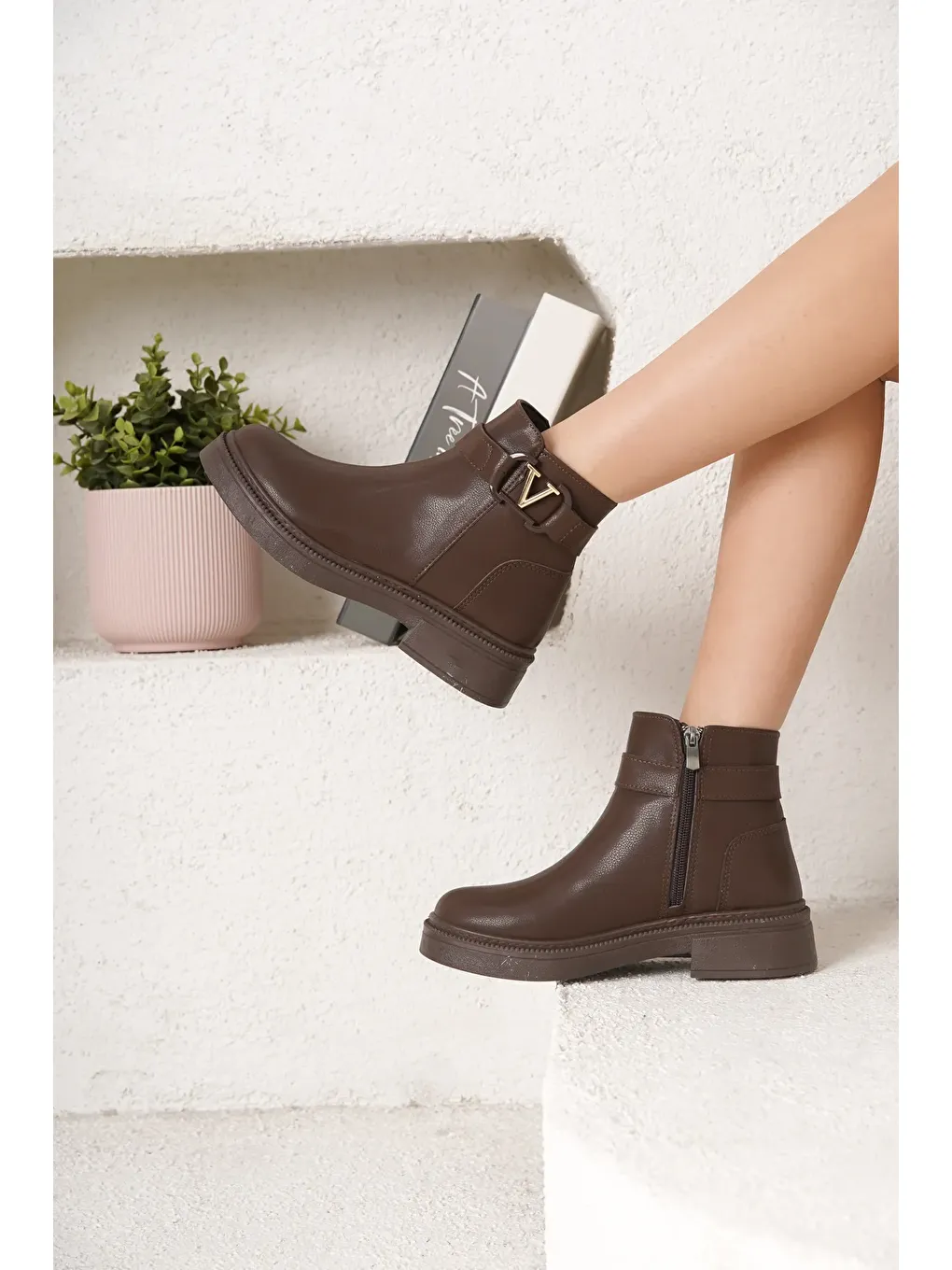 Kahverengi D0802 Kadın Yanı Tokalı Ortopedik Soğuk Geçirmez Bot-2