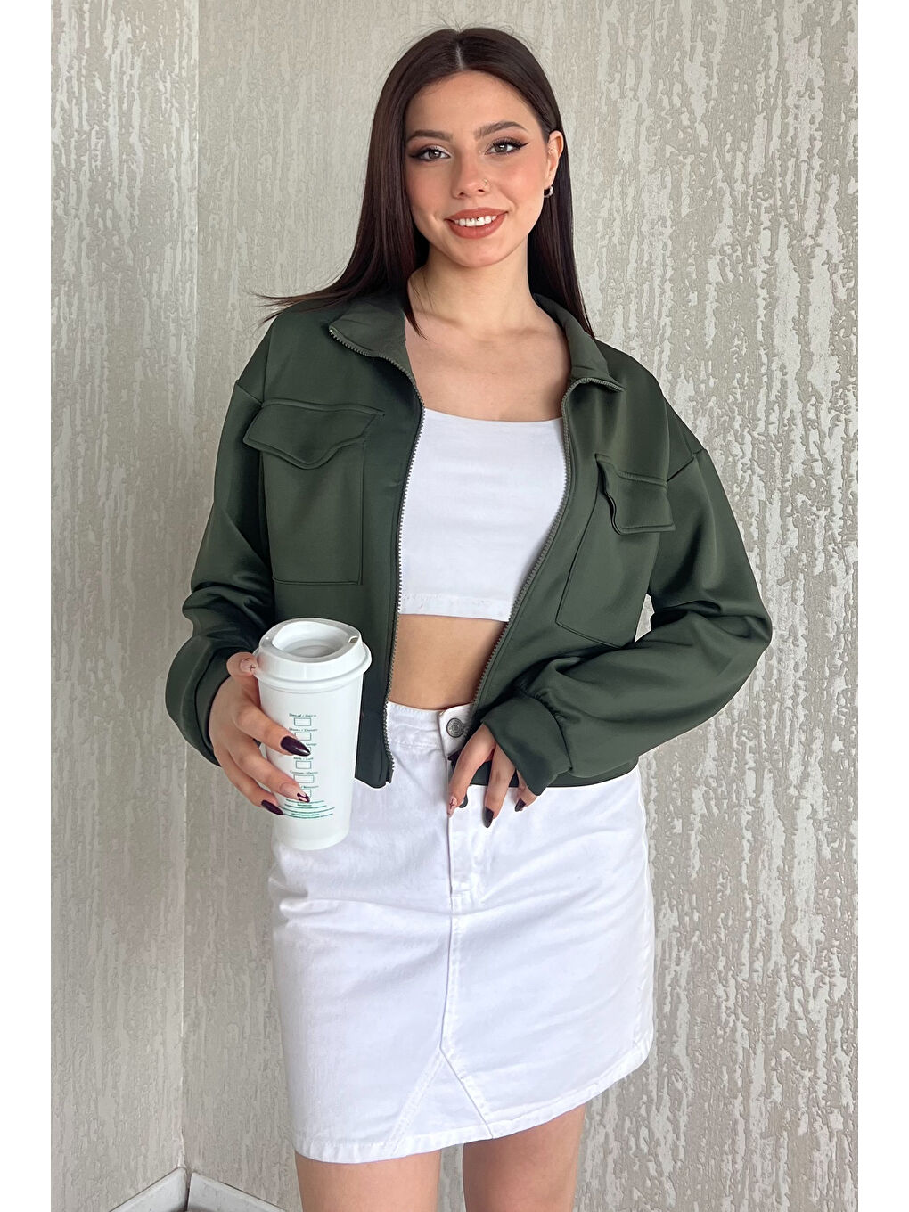 Haki Kadın Scuba Kumaş Fermuarlı Çift Cepli Hırka-1