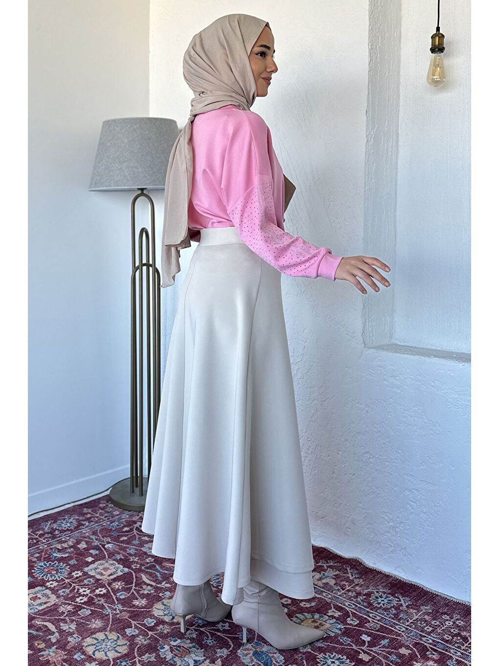 Bej Bel Bağlama Detaylı Kiloş Scuba Tesettür Etek-5