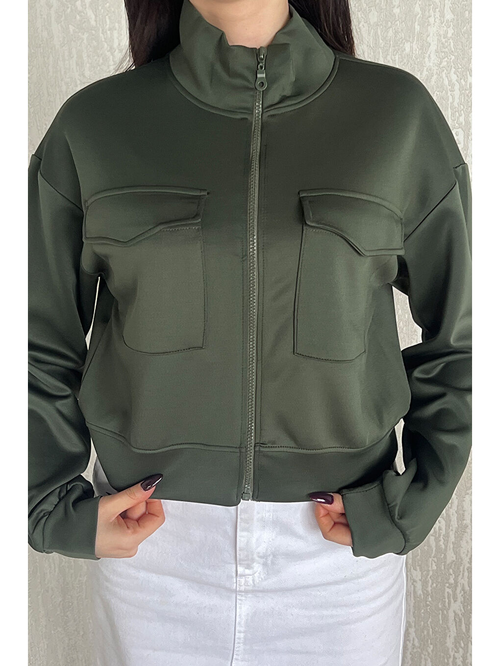 Haki Kadın Scuba Kumaş Fermuarlı Çift Cepli Hırka-2