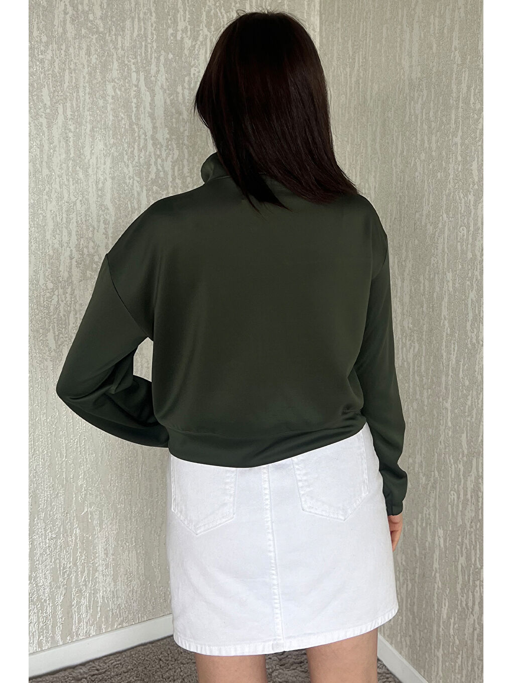 Haki Kadın Scuba Kumaş Fermuarlı Çift Cepli Hırka-3