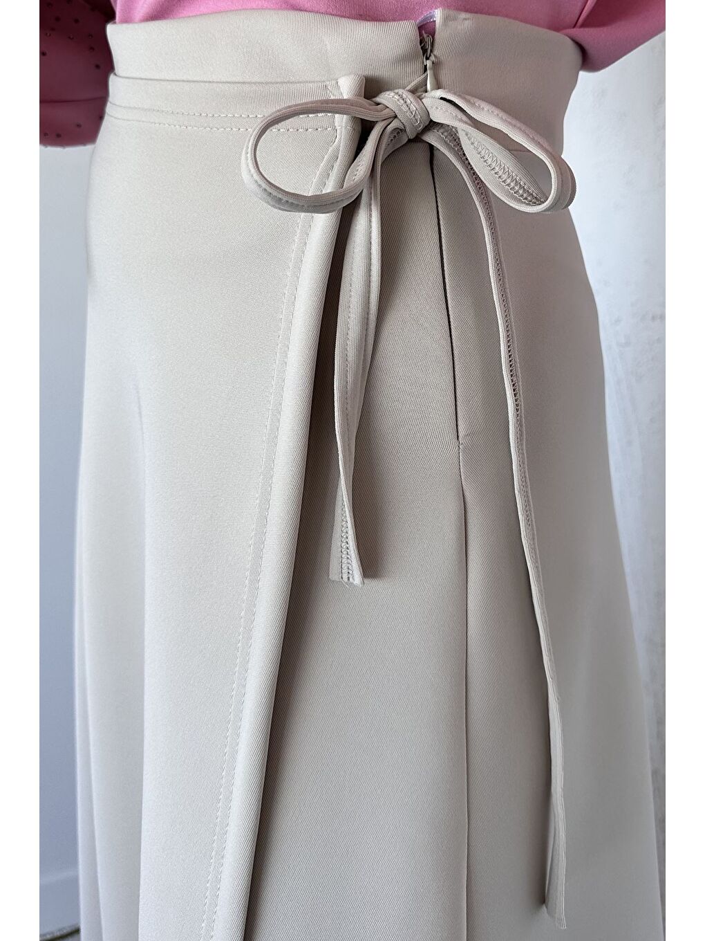 Bej Bel Bağlama Detaylı Kiloş Scuba Tesettür Etek-6