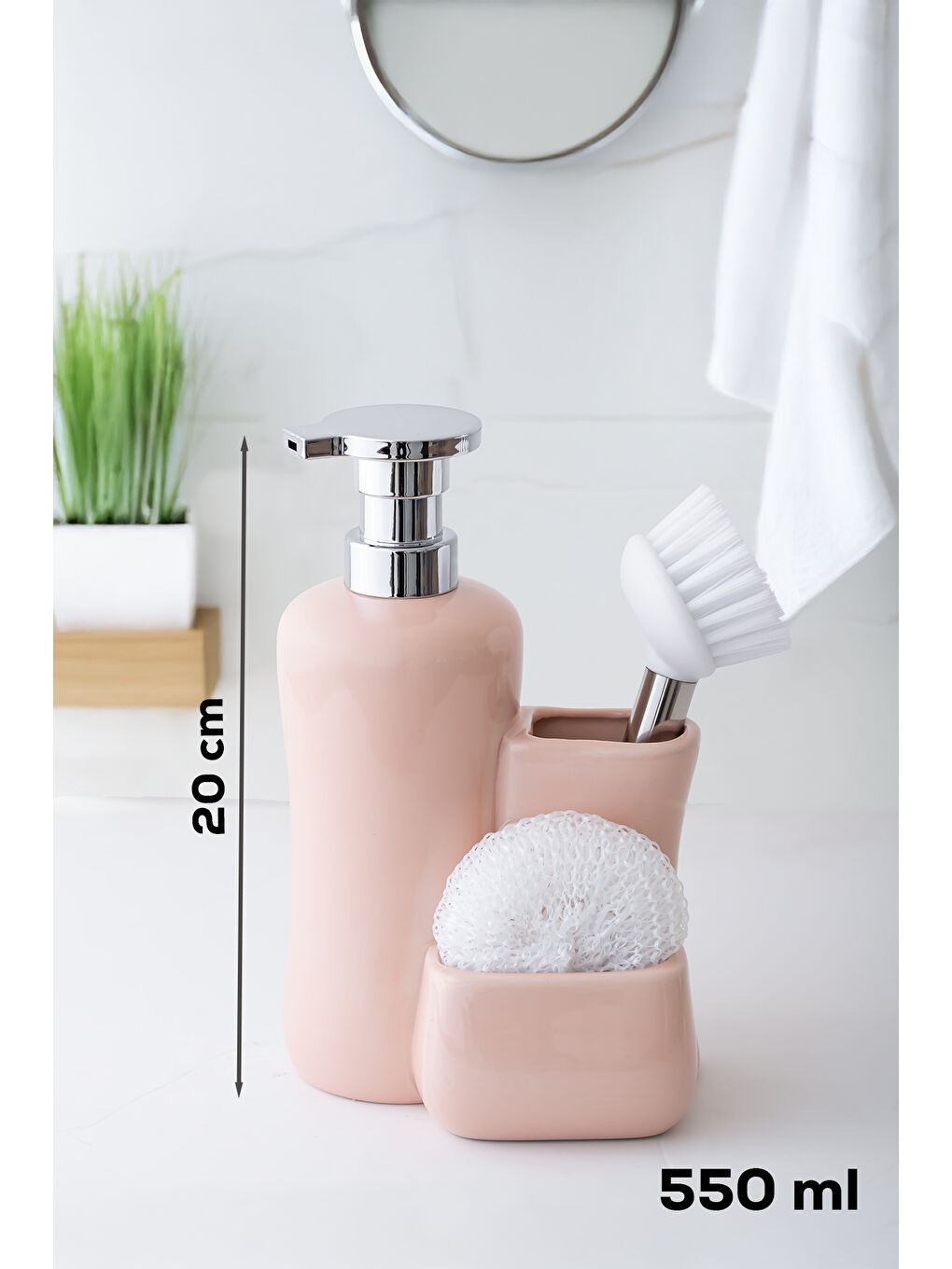 Pembe 277744 Tezgah Üstü Porselen Pudra Sıvı Sabunluk Fırçalı Süngerlikli Sabunluk (550ml) 20cm-2