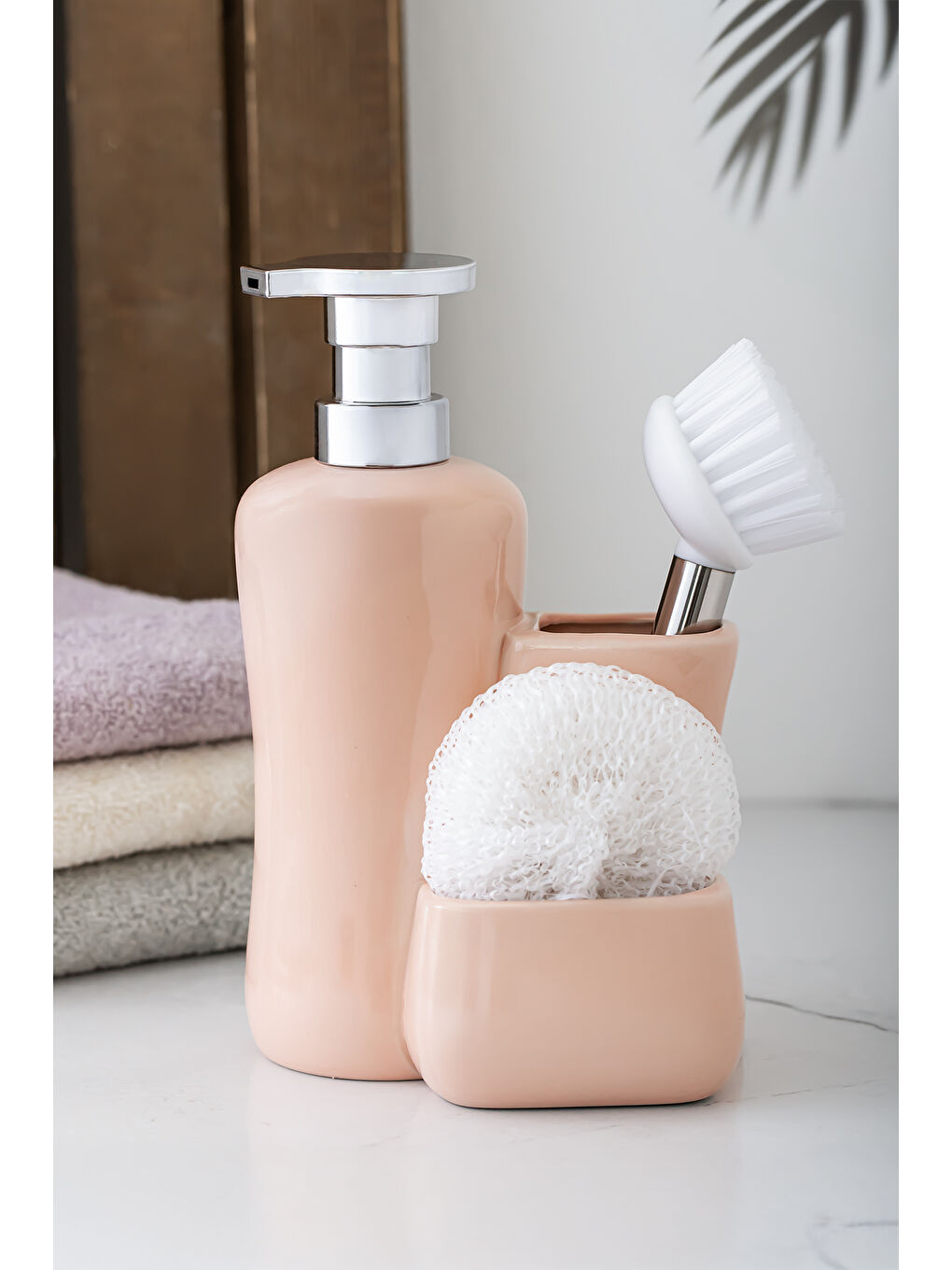 Pembe 277744 Tezgah Üstü Porselen Pudra Sıvı Sabunluk Fırçalı Süngerlikli Sabunluk (550ml) 20cm-3