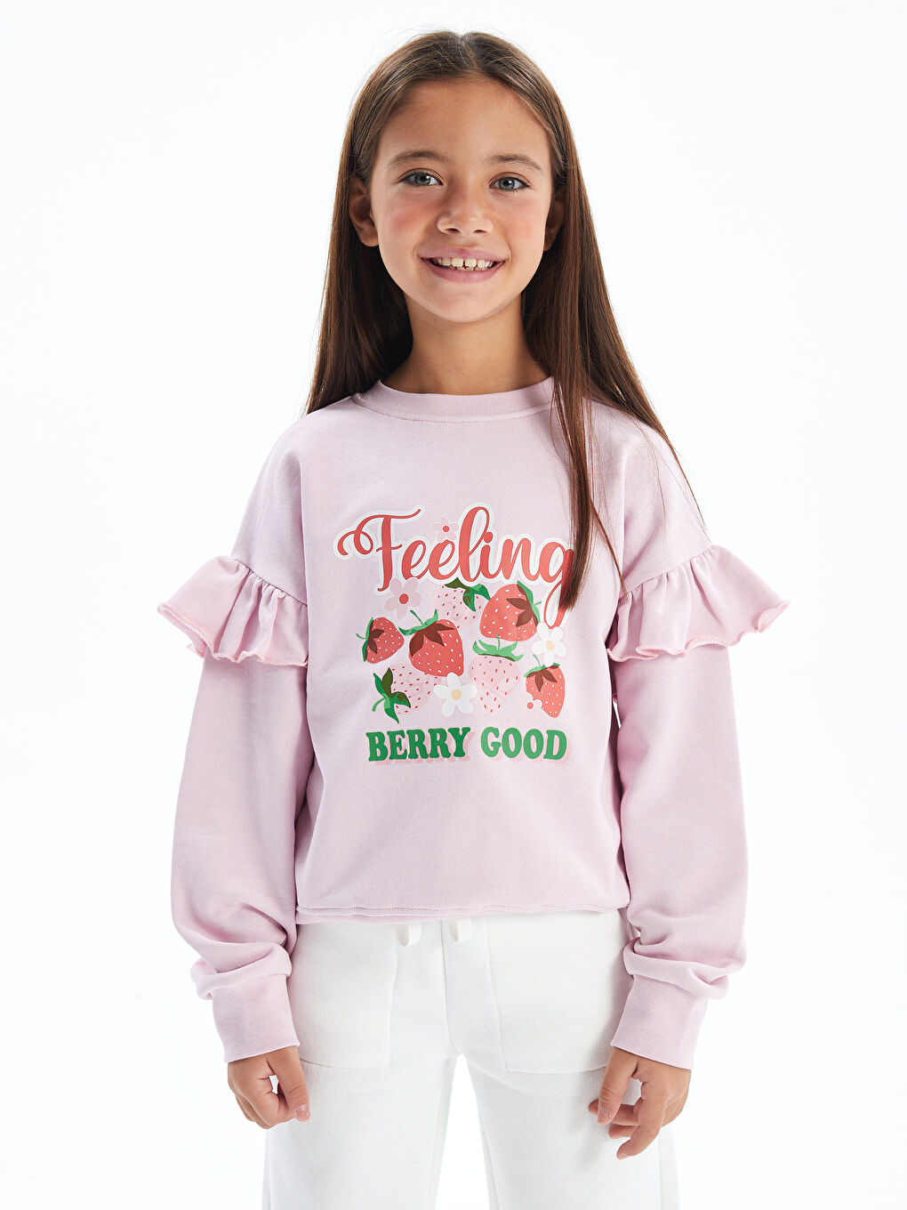 Dexia Pembe Strawberry   Bisiklet Yaka Kolları Fırfır Detaylı Dijital Baskılı Sweatshirt   Pembe Renk - 1