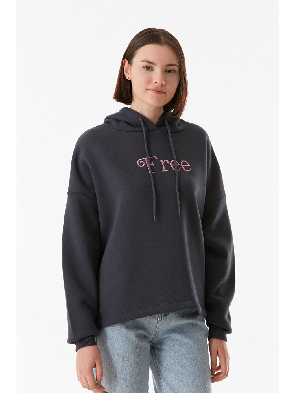 Gri Free Nakışlı Beli Lastikli Kapüşonlu Sweatshirt-2