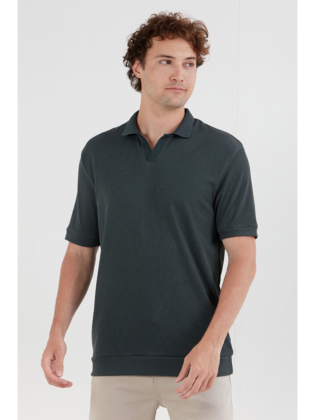 Petrol Basic Polo Yaka Jakarlı Tişört-1