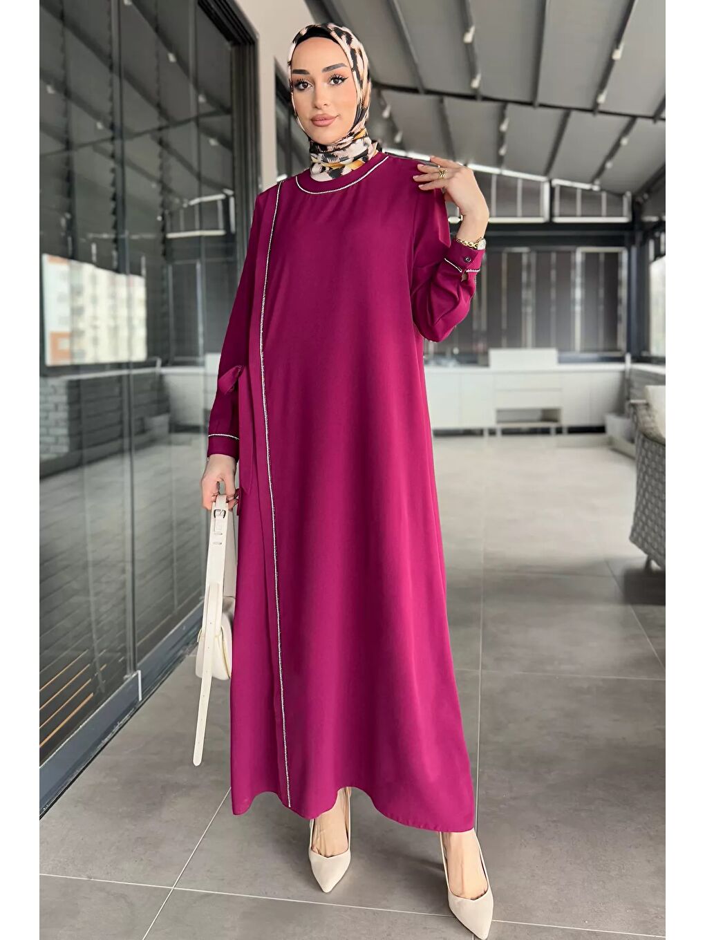 Mürdüm Kadın Bel Kuşaklı Taş İşlemeli Büyük Beden Tesettür Elbise-3