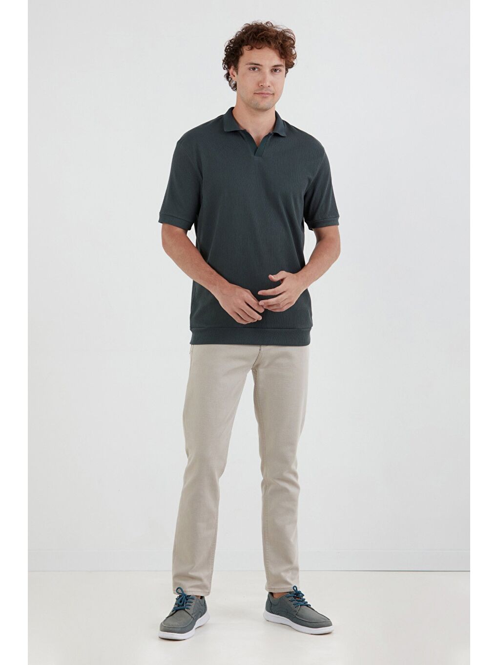 Petrol Basic Polo Yaka Jakarlı Tişört-2