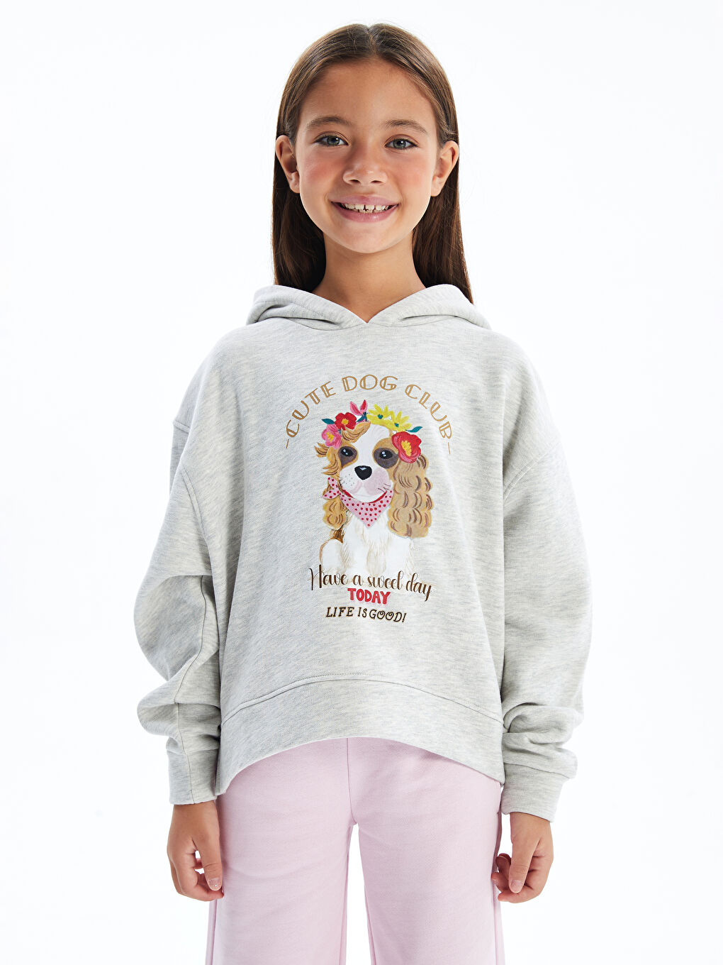 Dexia Gri Cute Dog   Kapüşonlu ve İçi Şardonlu Dijital Baskılı Sweatshirt   Gri Renk - 1