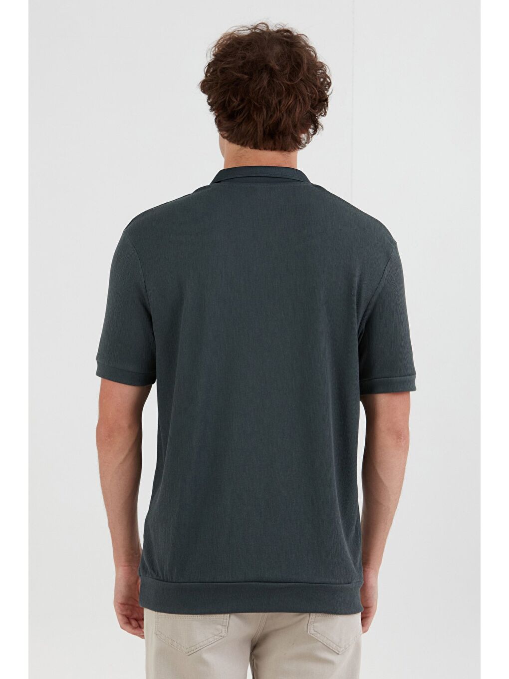 Petrol Basic Polo Yaka Jakarlı Tişört-3