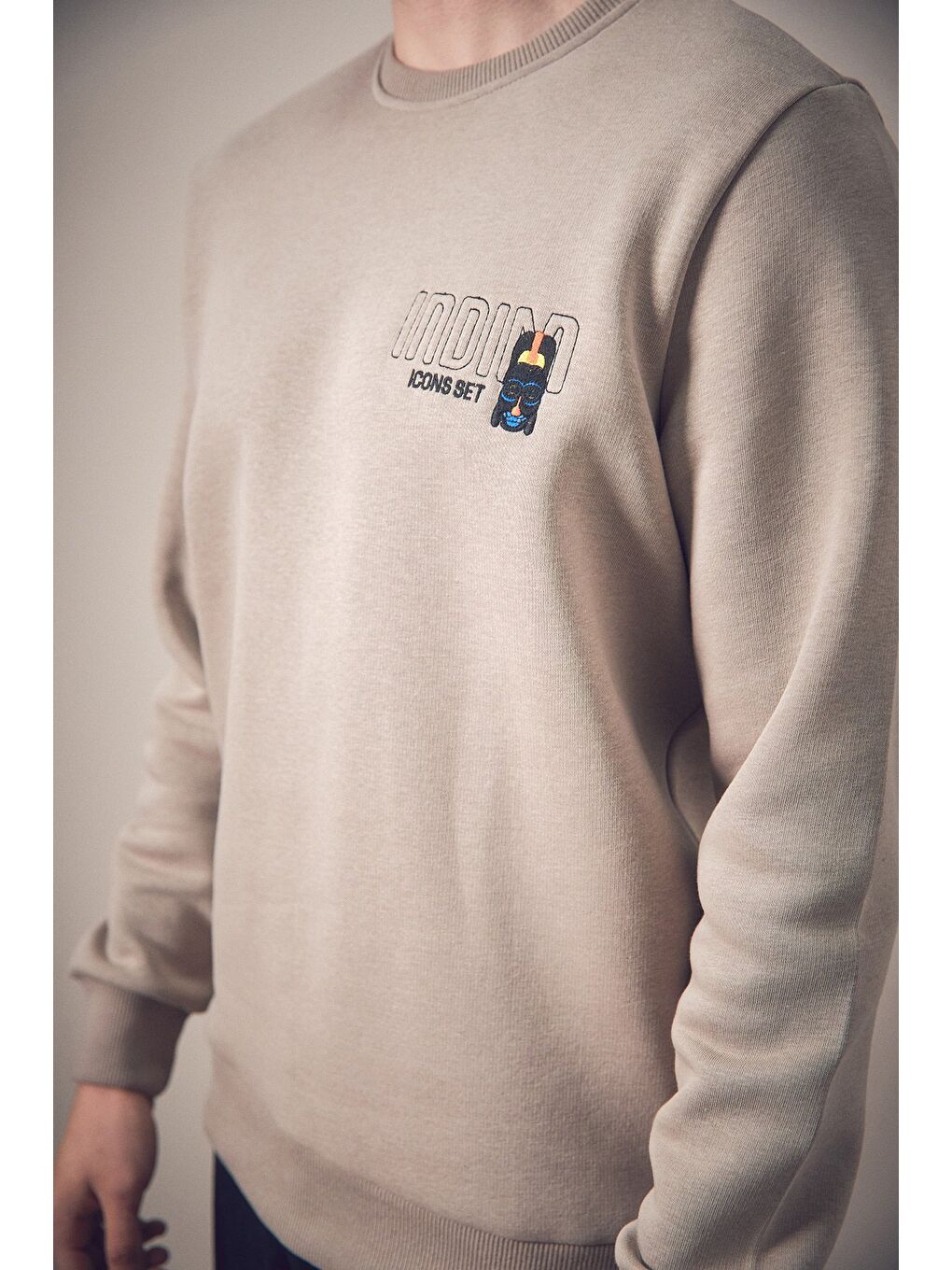 Bej 3 İplik Yazı Nakışlı Bisiklet Yaka Sweatshirt-2