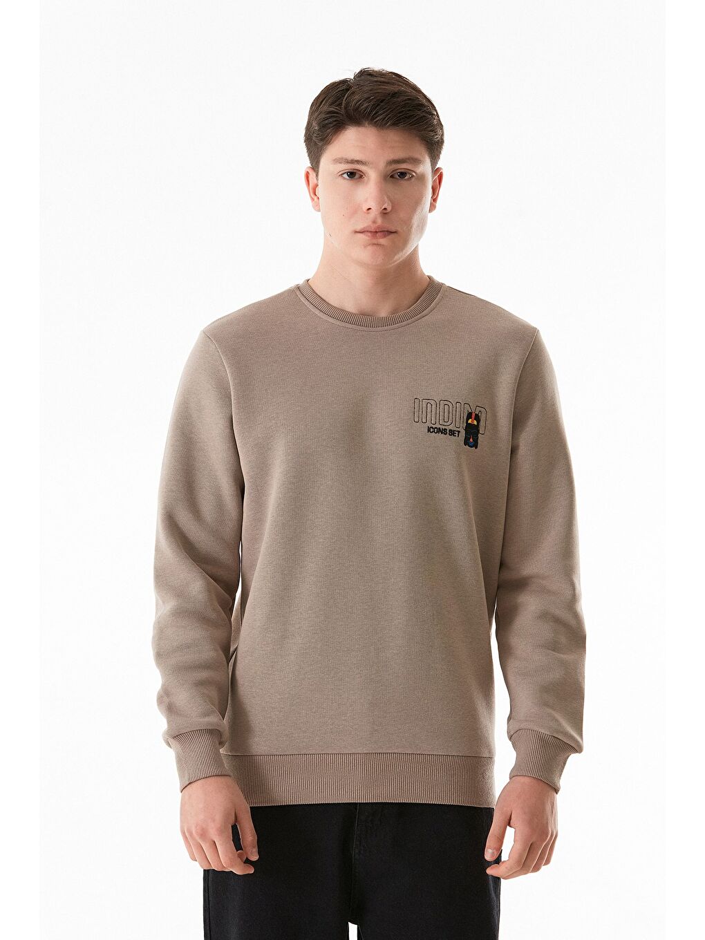 Bej 3 İplik Yazı Nakışlı Bisiklet Yaka Sweatshirt-3