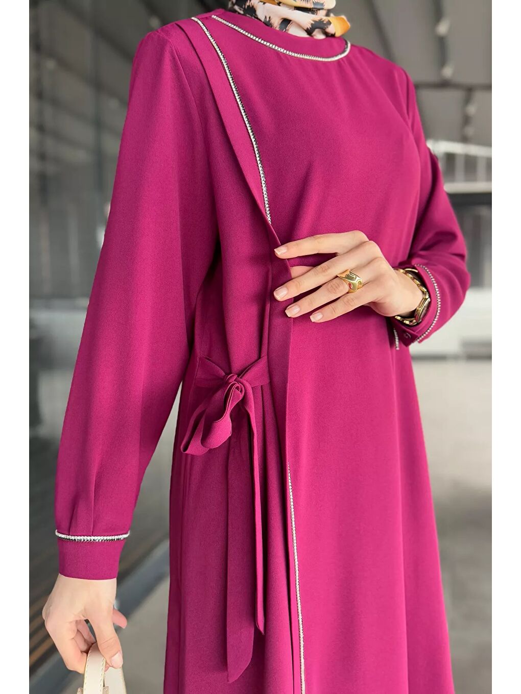 Mürdüm Kadın Bel Kuşaklı Taş İşlemeli Büyük Beden Tesettür Elbise-5