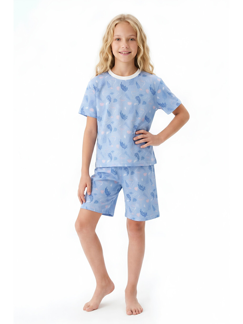 Mavi Kız Çocuk %100 Pamuk Ve Şortlu Pijama Takımı 8-13 Yaş 12721ıs
