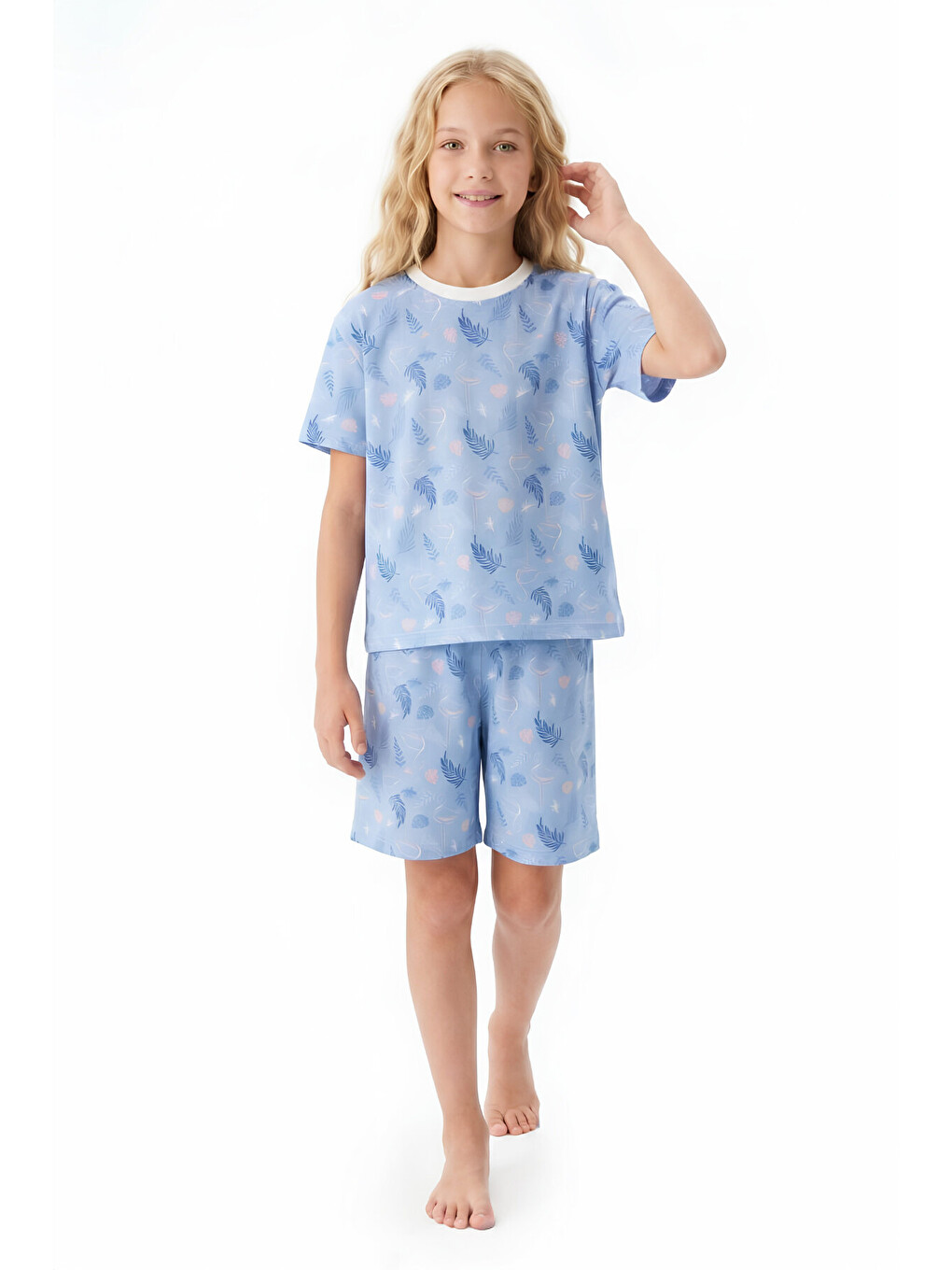 Mavi Kız Çocuk %100 Pamuk Ve Şortlu Pijama Takımı 8-13 Yaş 12721ıs-1