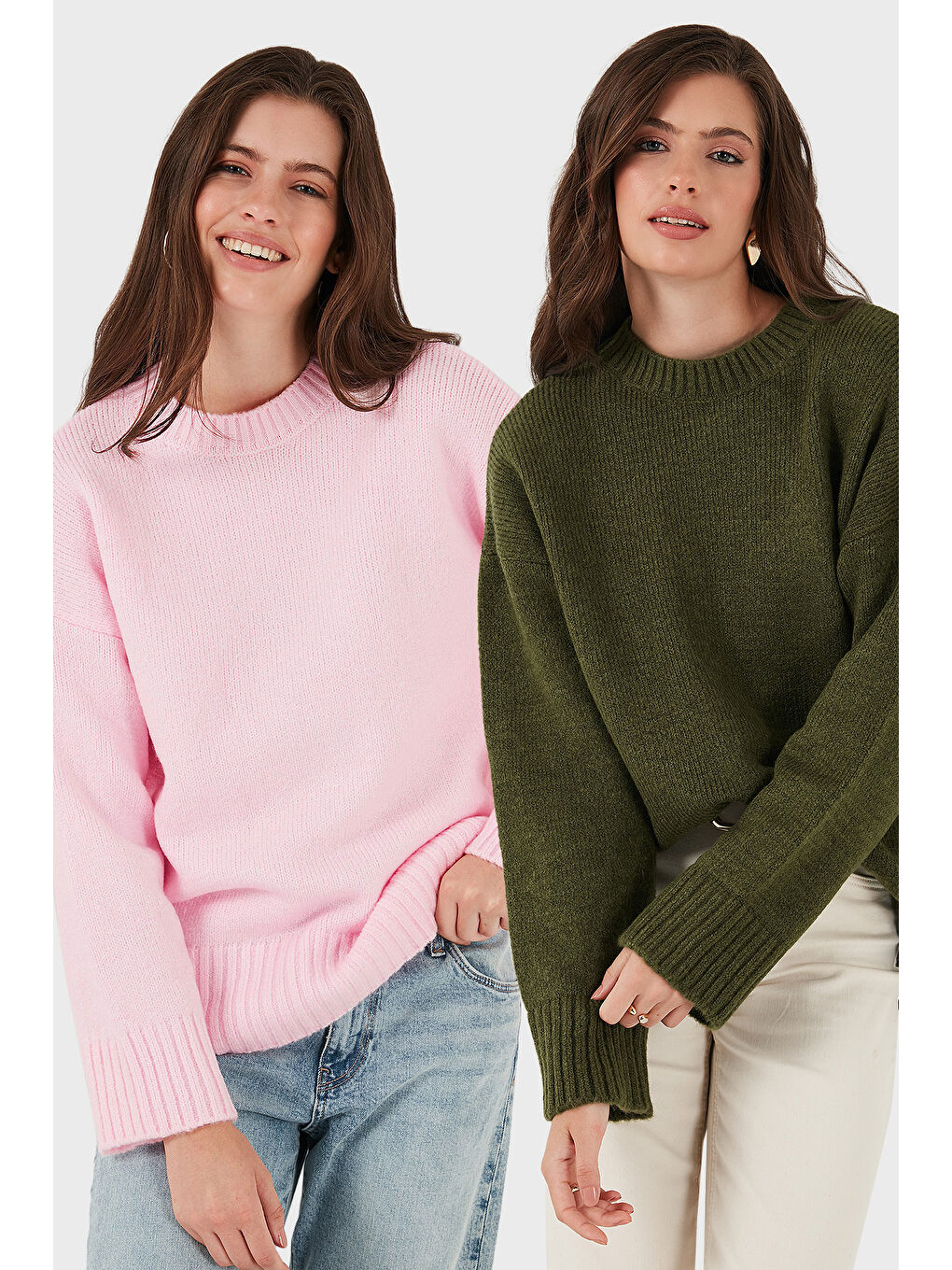 Pembe Regular Fit Bisiklet Yaka Basic 2'li Paket Triko Kazak 4616213S2