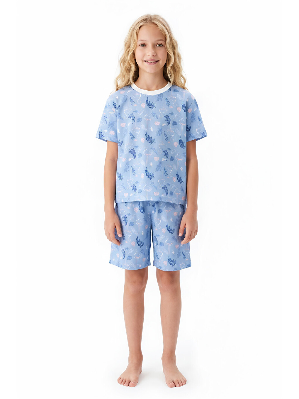 Mavi Kız Çocuk %100 Pamuk Ve Şortlu Pijama Takımı 8-13 Yaş 12721ıs-3