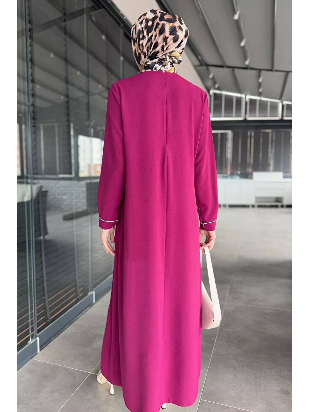 Mürdüm Kadın Bel Kuşaklı Taş İşlemeli Büyük Beden Tesettür Elbise-7