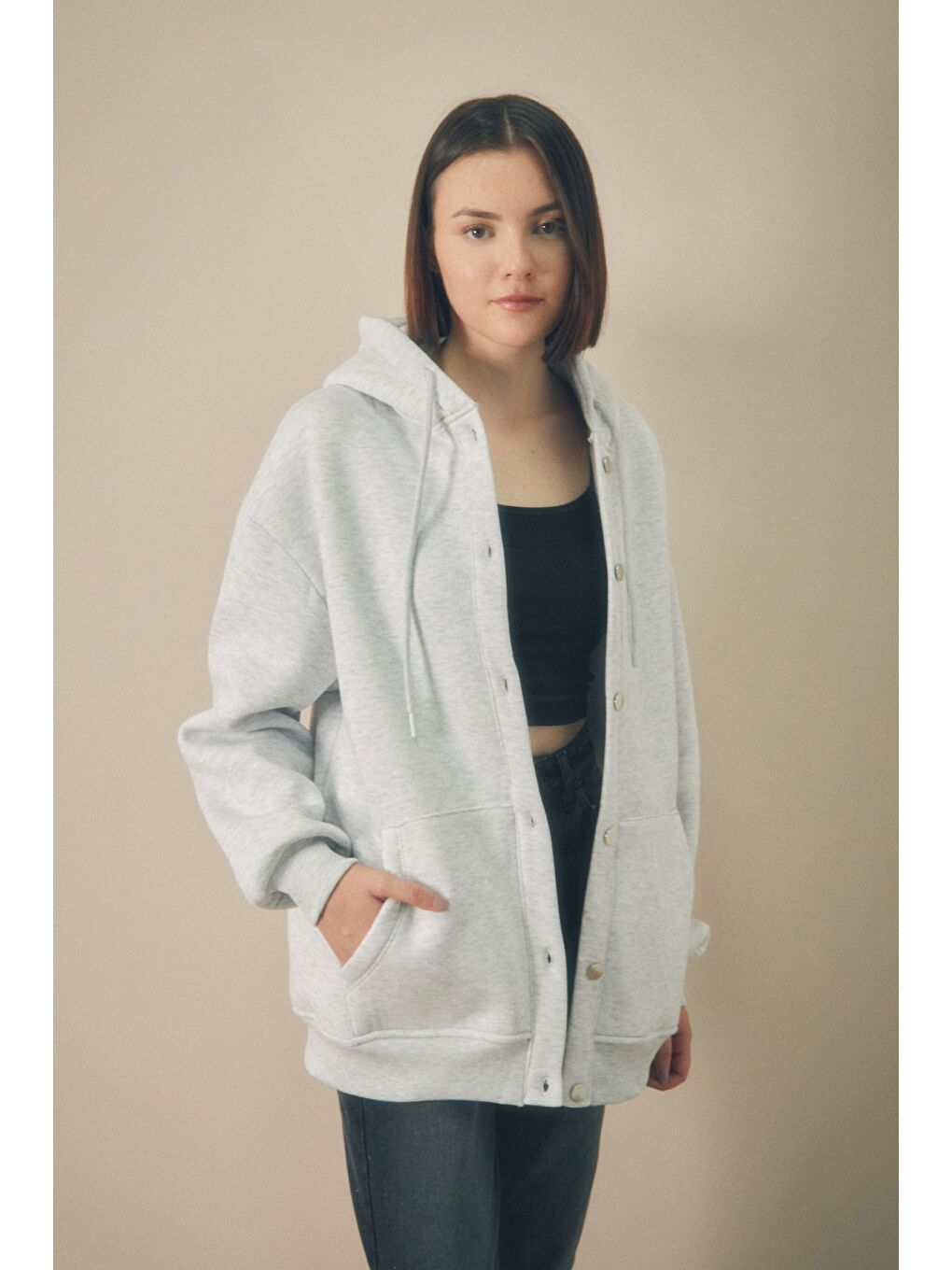 Gri Çıt Çıtlı Kapüşonlu Cepli Kolej Ceket
