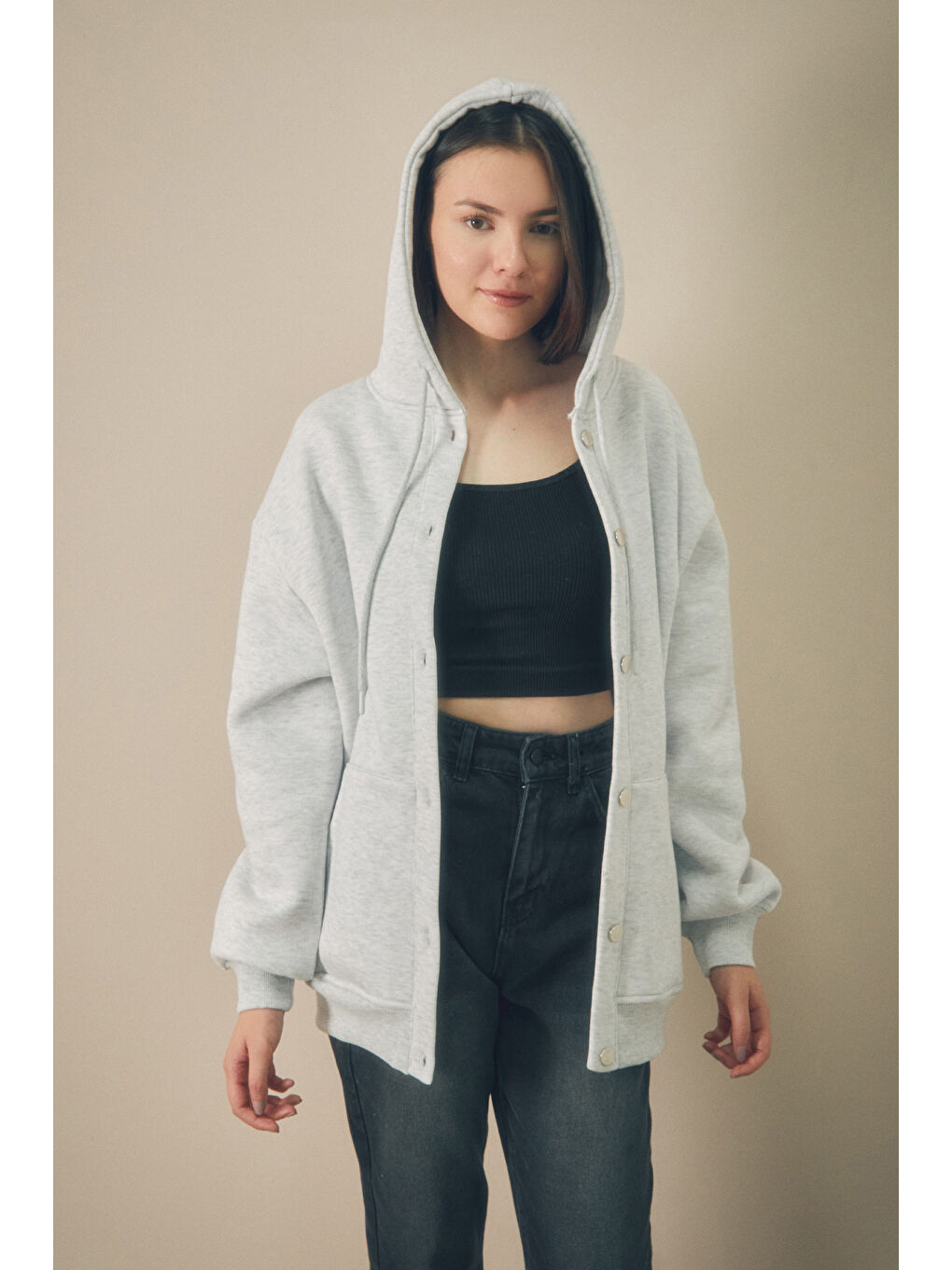 Gri Çıt Çıtlı Kapüşonlu Cepli Kolej Ceket-1