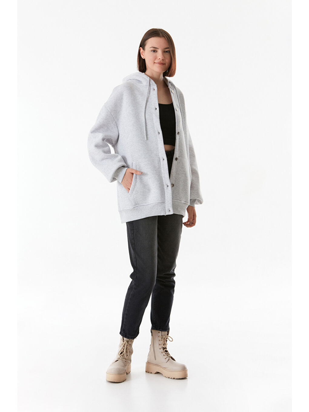 Gri Çıt Çıtlı Kapüşonlu Cepli Kolej Ceket-2