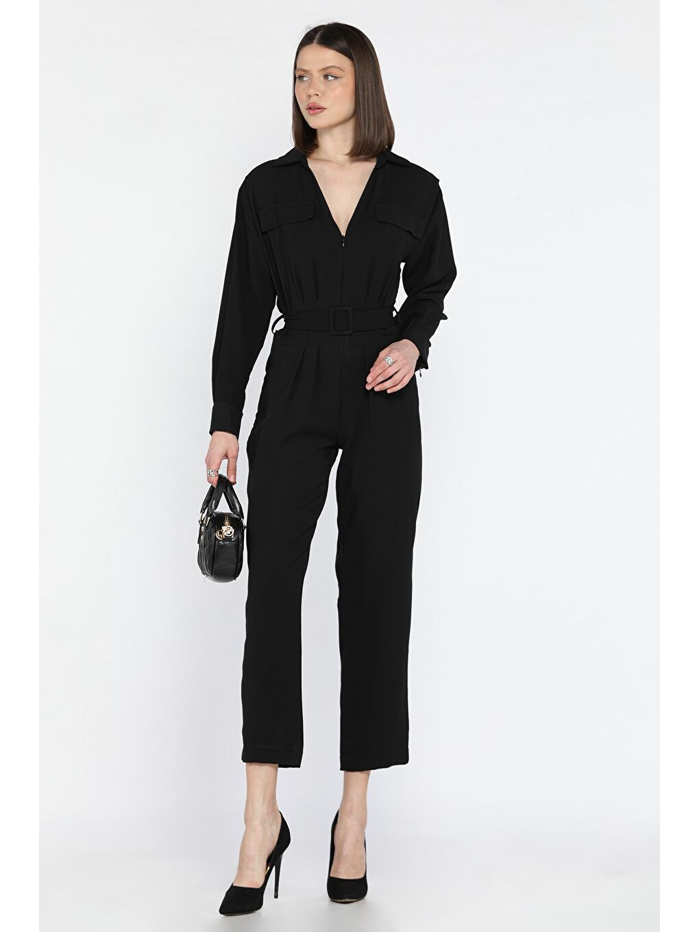 Siyah V Yaka Kemerli Tulum-1