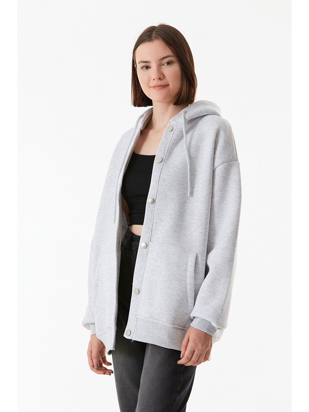 Gri Çıt Çıtlı Kapüşonlu Cepli Kolej Ceket-3
