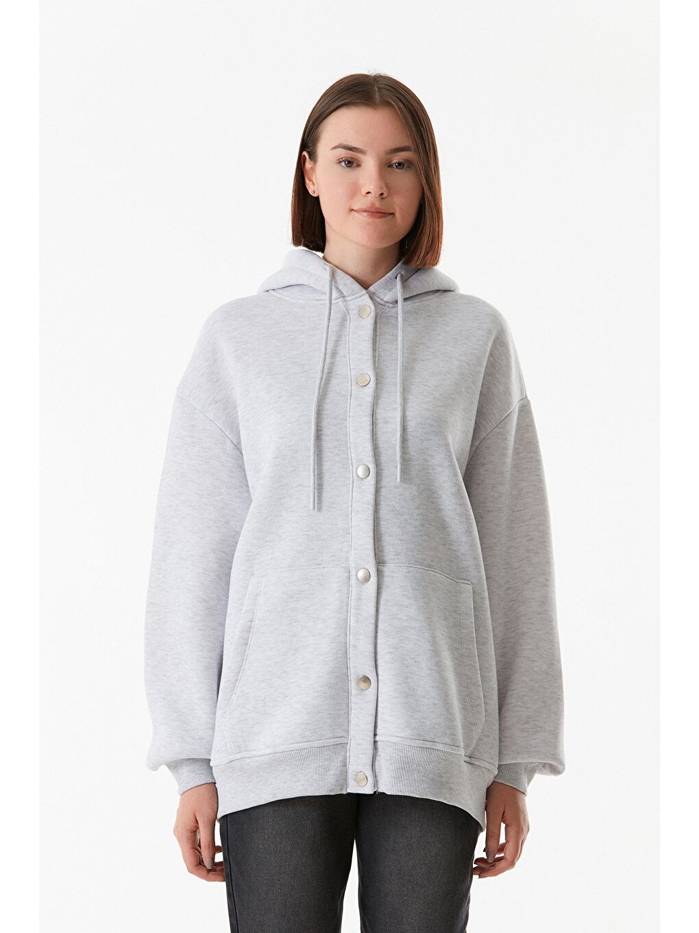 Gri Çıt Çıtlı Kapüşonlu Cepli Kolej Ceket-4